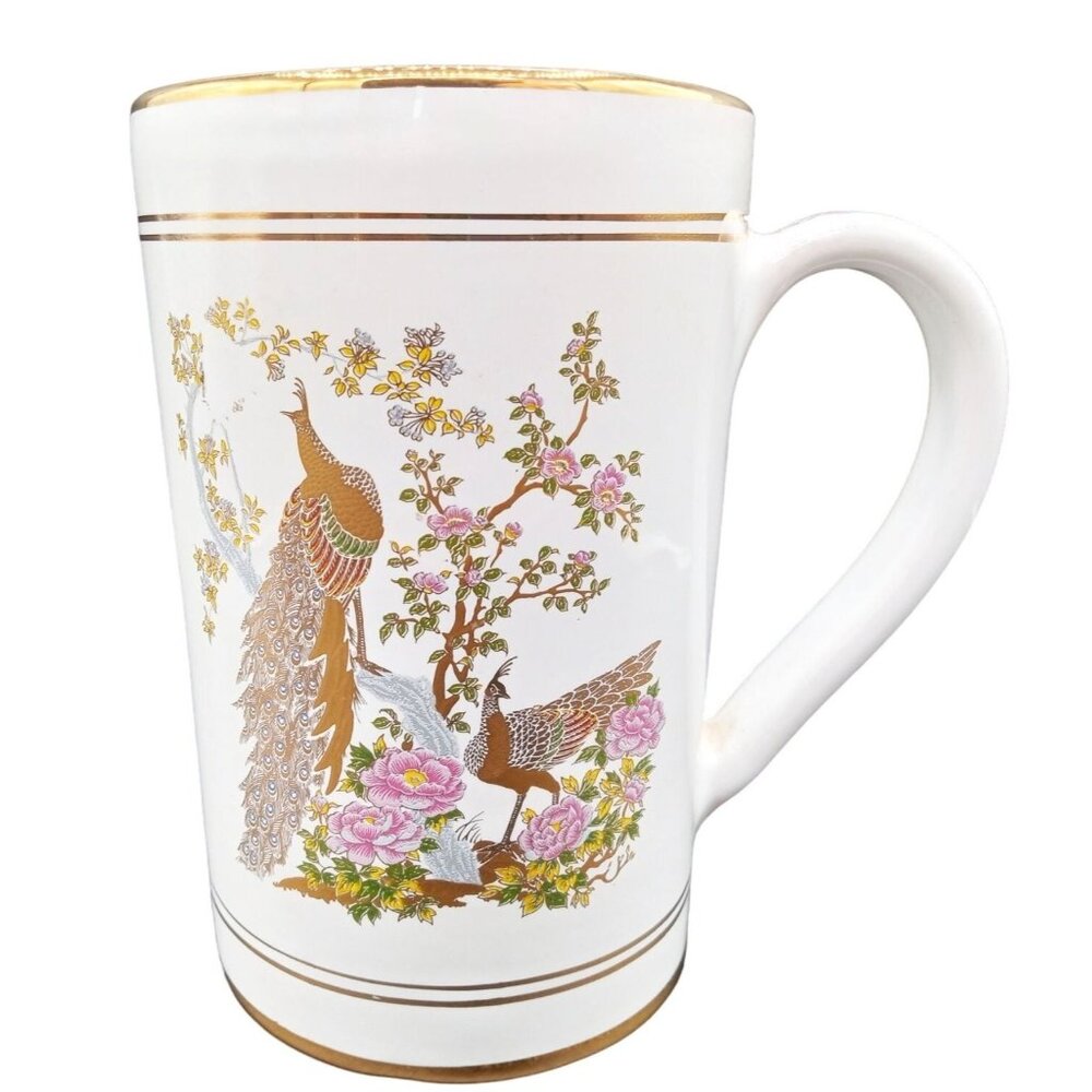 Neofitou Handled Mug 24k Gold Trim Pottery Peacock & Floral Theme Greek Greece